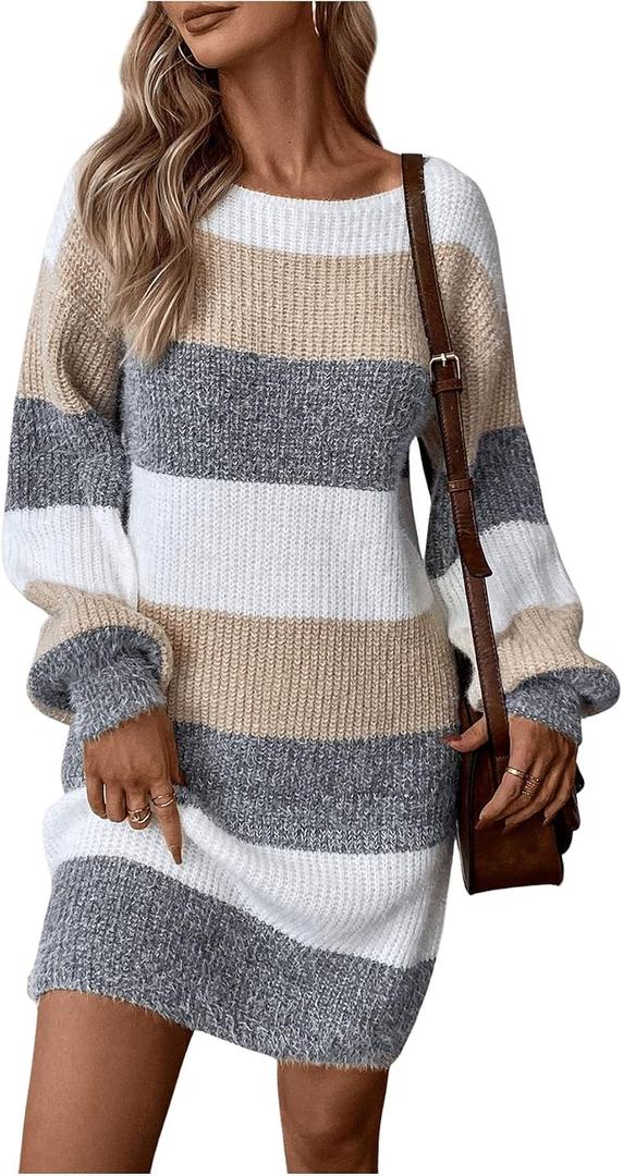 SOLY HUX Sweater Dresses for Women 2025 Long Sleeve Striped Knit Dress Fall Winter Dresses for Women Trendy (Gray, M)