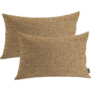 Shrahala Imitation Yellow Linen Texture Jute Pattern Decorative Throw Pillow Cover, Jute Woven Texture Lumbar Pillowcase Blended Double-Sided No Inserts for Bedroom Living Room Set of 2 (12 x 20 in)
