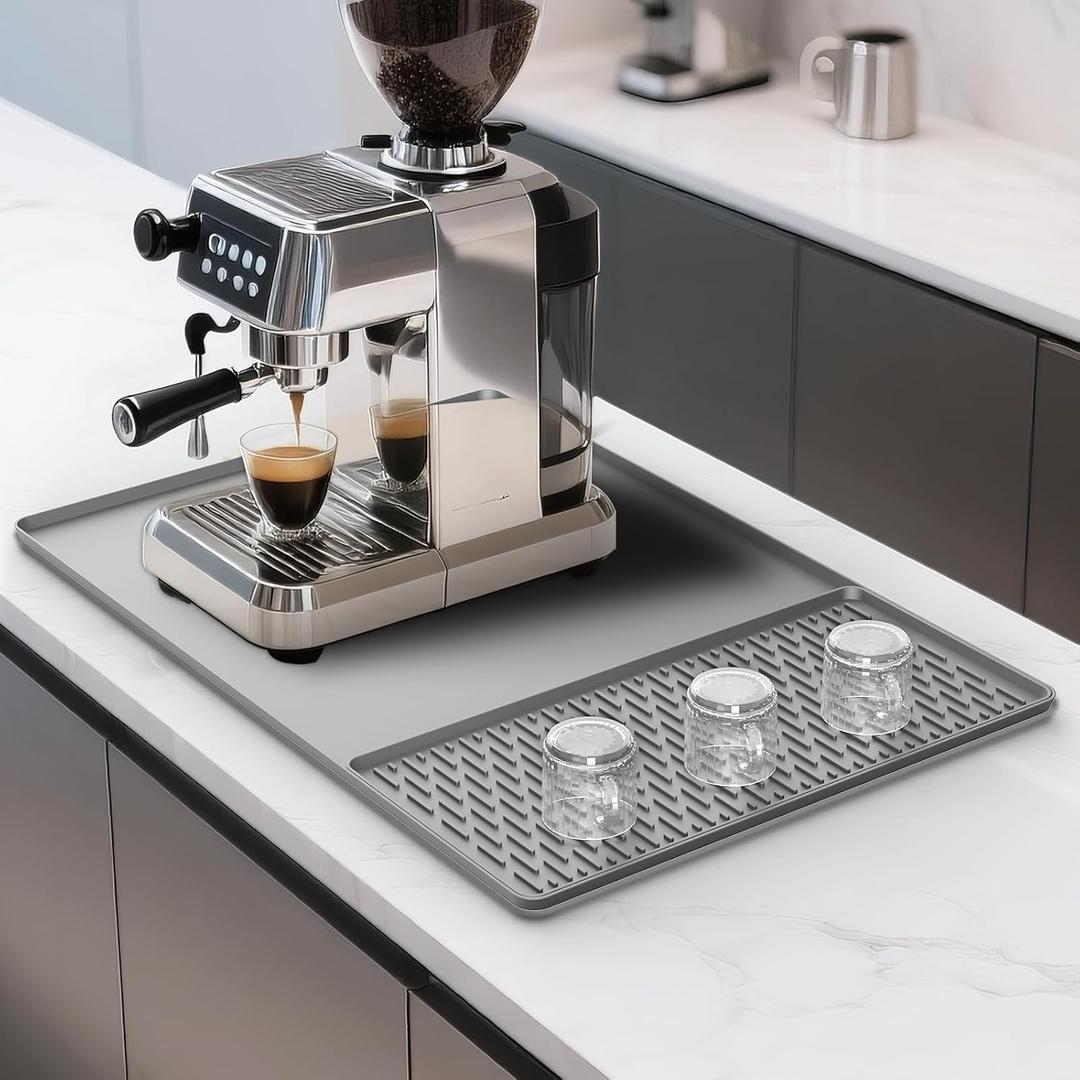 Silicone Coffee Mat with Convex Edge,Easy to clean Heat resistant Coffee Bar Mat for Countertops,Fit for Bar, Dish Drying Mat (24" x 16", Gray)