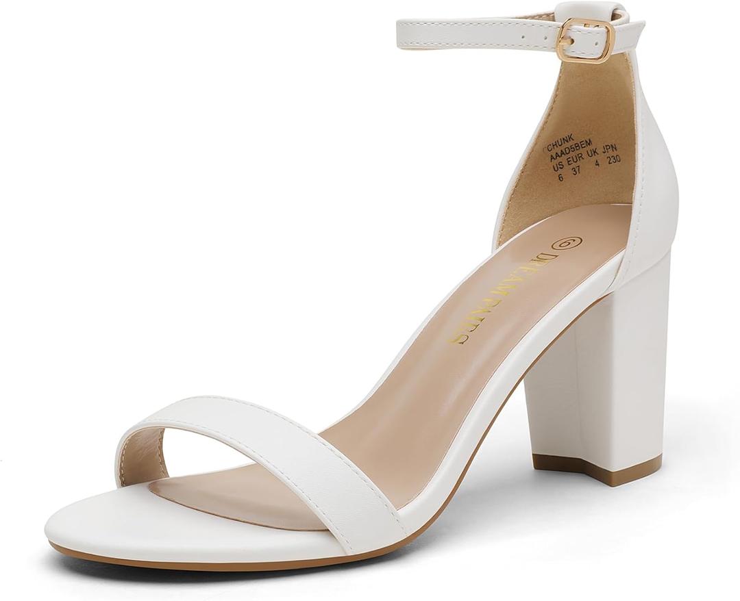 DREAM PAIRS Women's Chunk Low Heel Pump Sandals, Size 7W, White-Pu, CHUNK