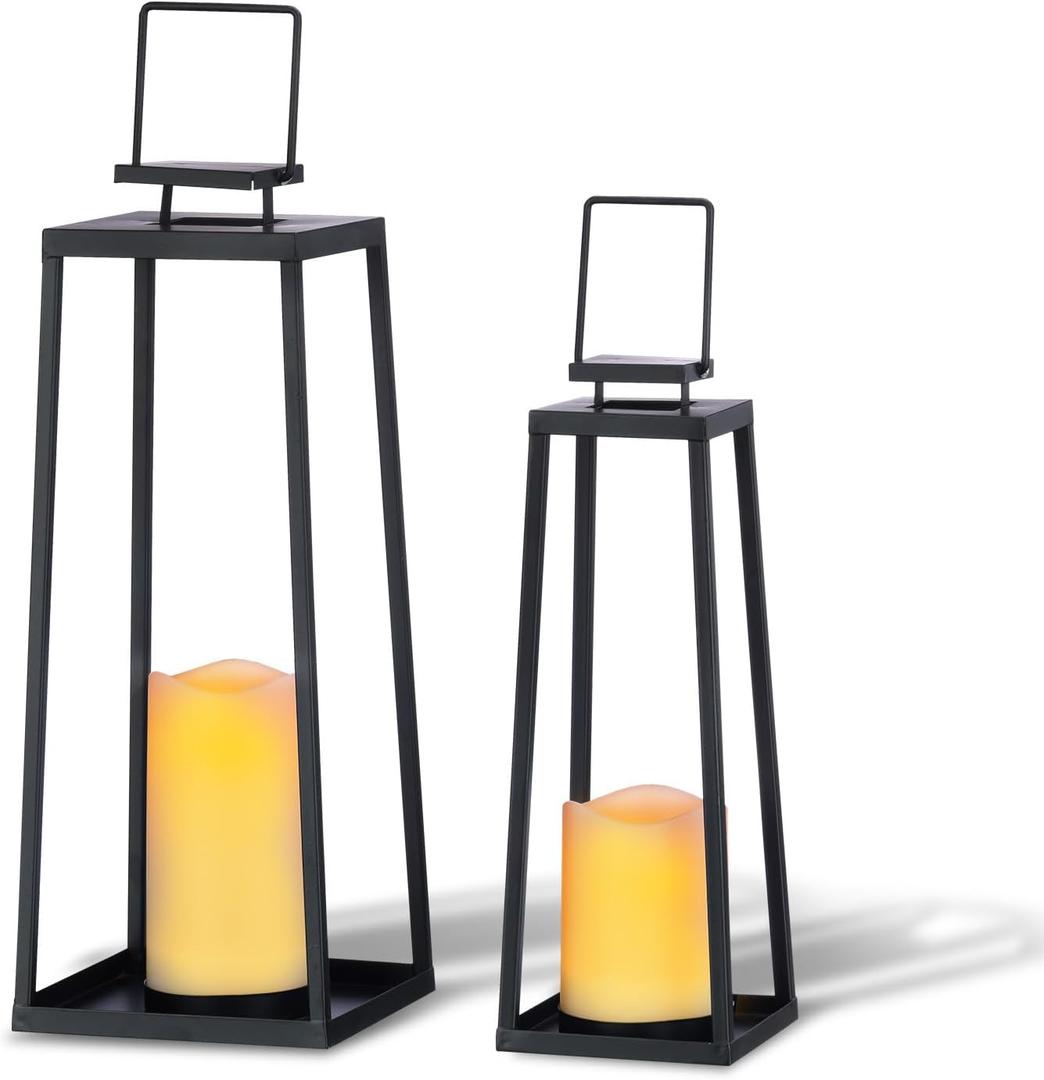 Solar Lantern Decorative Outdoor Set of 2 (18 & 15) Modern Black Metal Lanterns with Solar Candles, Decorative Candle Lanterns for Outdoor Porch, Patio, Garden, Yard Decor