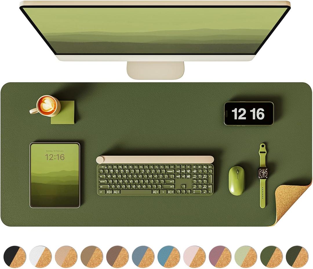 YSAGi Double-Sided Desk Pad, 35.4"x17"Leather Desk Mat, Eco Cork Desk Pad Protector,Large Mouse Pad,Waterproof Desk Blotter for Office/Home(Olive Green)