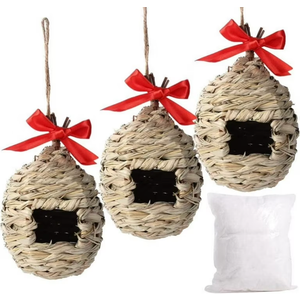 Hummingbird House, Grass Hand Woven Birdhouses for Outdoors Hanging, Natural Bird Hut for Outside, Bird Houses for Audubon Finch Canary Chickadee - Set of 3