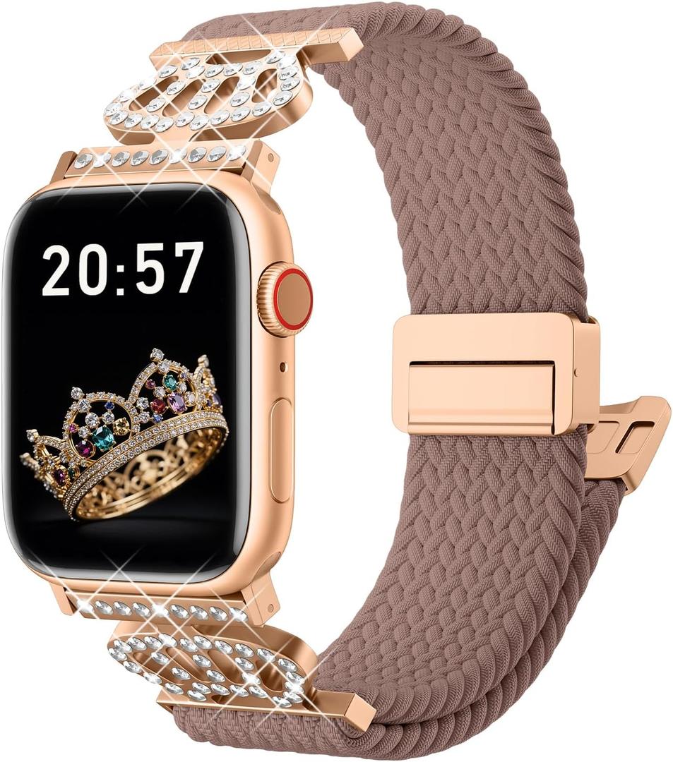 6 x Braided Stretchy Bands with Magnetic Clasp for Apple Watch Band 40mm 38mm 41mm 42mm 44mm 45mm 46mm 49mm, Bling Crown Designer Soft Nylon Sport Solo Loop for iWatch Series 10 9 8 7 6 5 4 3 Ultra 2 1 SE (Pink sand)