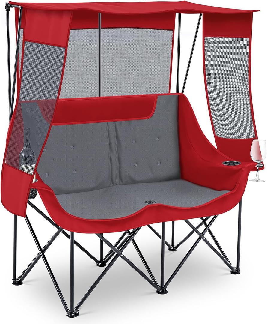 Teenyyou Double Camping Chair with Canopy Shade 660lbs Heavy Duty Beach Chair, Portable Folding 2 Person Camping Loveseat with Cup Holder and Storage Bag for Lawn Beach Outdoor Sport(Red and Grey), 47.2 inches x 20 inches x 13.5 inches