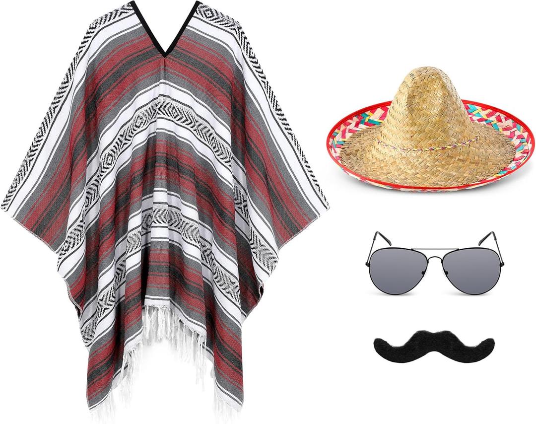 Yahenda 4 Pcs Colrful Costume Set for Adults Include Colrful Serape Poncho Sombrero Sunglasses Moustache
