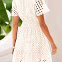 PRETTYGARDEN Womens 2026 Summer Short Dress V Neck Short Sleeve A Line Hollow Out Lace Cute Casual Beach Party Spring Dresses (White, L)