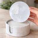 CHI AN HOME 4" White Capiz Shell Decorative Coasters Set of 6 with Holder, Round Coastal Farmhouse Coasters for Coffee Table Decor, Modern Cute Drink Coasters Housewarming Gift