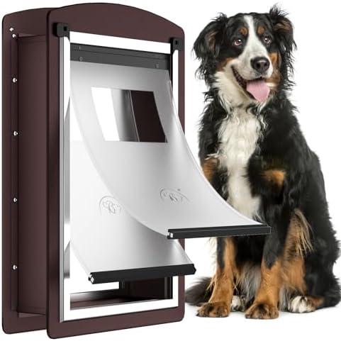 ALUMANI Dog Door for Wall, Extra Large Dog Door with 2 Magnetic Flaps, 2 Lock Panels, Steel Frame and Telescoping Tunnel, Doggie Door for Interior and Exterior Wall, X-Large, Coffee Color
