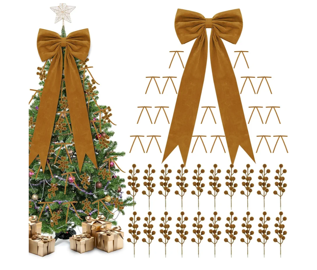 Maysing Green Christmas Tree Decorations Bows and Berry Picks Set Include 1 Pcs 16 x 40'' Large Tree Topper Bow 24 Small Green Velvet Bows 24 Berry Picks Xmas Ornaments for Home Birthday Holiday Decor