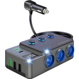 Cigarette Lighter Splitter Adapter, 120W 3 Socket 12V Car Heavy Duty Truck Cigarette Lighter Plug USB Charger Multi Port Car Plug Outlet Splitter with LED Voltage Display Independent Switches