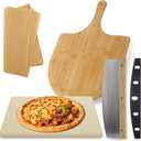 4 PCS Oven Pizza Stone Set, 15 x 12 Inch Large Rectangle Pizza Stone with Wooden Pizza Peel, Pizza Cutter & 10PCS Cooking Paper for Oven & Outdoor Grill, Baking Stone Pan for Pizza, Bread