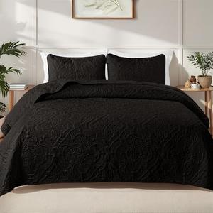 Exclusivo Mezcla Quilts Queen Size Bedding Lightweight Black Full Queen Quilt Bedspread with Vintage Damask Pattern, Soft Bedspreads Coverlets for All Seasons (No Pillow Shams)