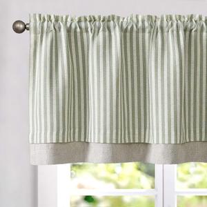 jinchan Linen Valance Curtain Striped Valance for Windows 16 Inch Blackout Kitchen Curtain Farmhouse Double Layer for Living Room Ticking Rod Pocket 1 Panel Sage Green on Beige (50"W x 16"L (Pack of 1), Striped | Sage Green on Beige)