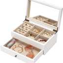 Meangood Jewelry Box Organizer for Women, 2 Layer Large Jewelry Storage Case, Rustic Wooden Jewelry Box with Mirror & Ring Tray for Necklace Earring Bracelets Rings, Vintage Style (White)