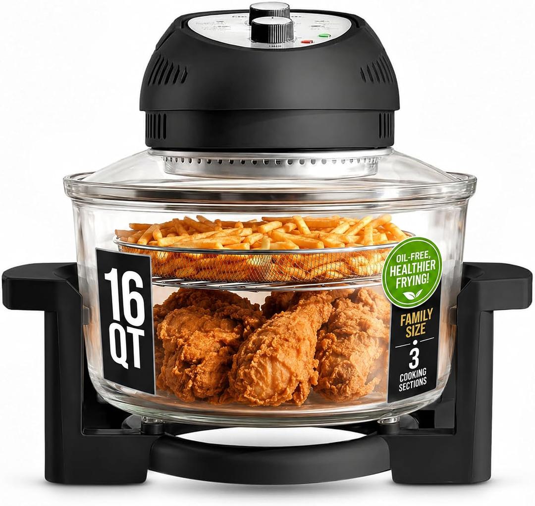 Granitestone 16 Qt Large Glass Air Fryer Non Toxic, Black | PFOA PTFE BPA Free, Large Family Sized Airfryer Cooker with 3 Cooking Sections, No Preheat, Self Cleaning, Dishwasher Safe