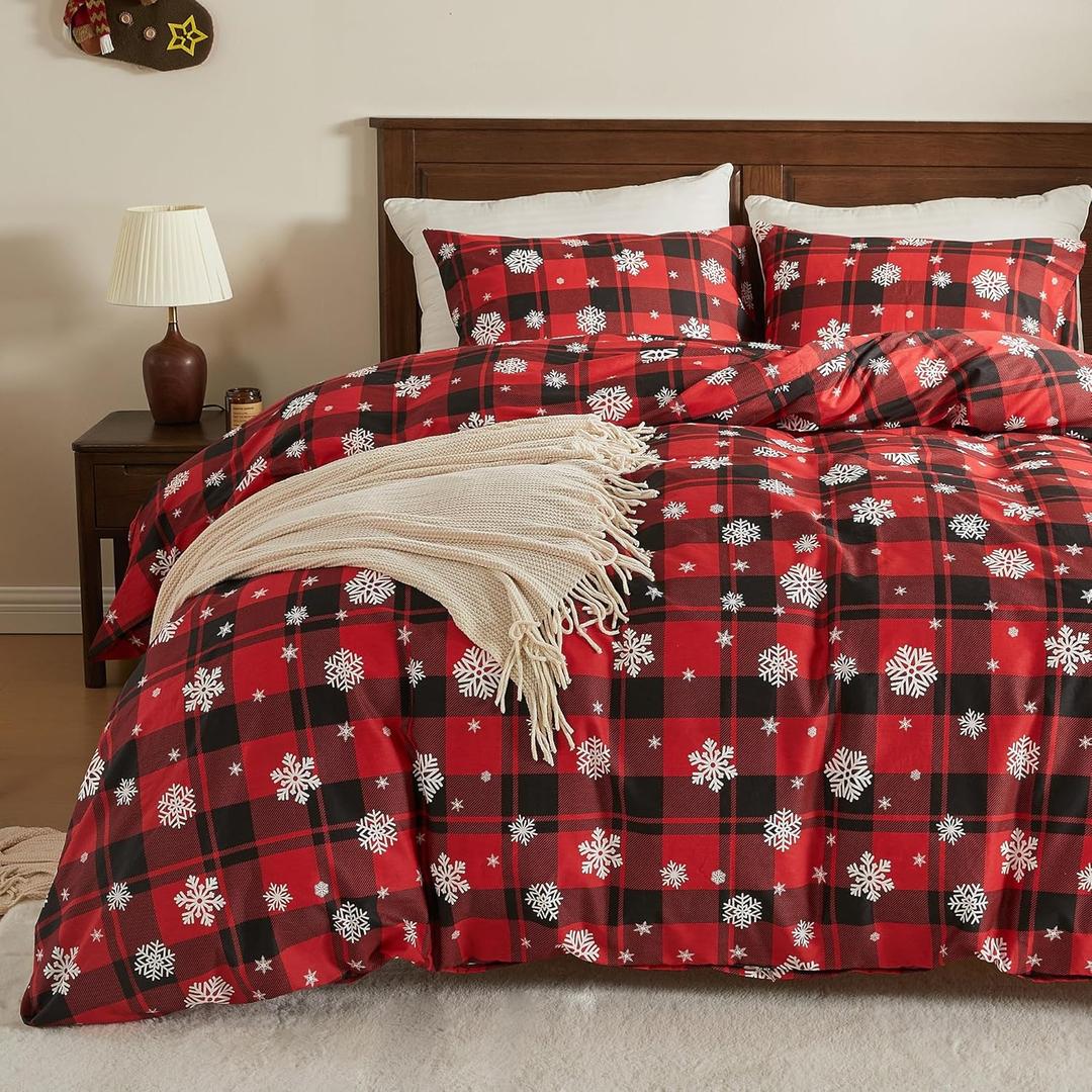 JELLYMONI Christmas Duvet Cover King, Cotton Set With Zipper Closure, Plaid Comforter Cover, 1 Duvet Cover & 2 Pillowcases