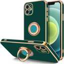 iPhone 12 Case with Ring Stand [360° Rotatable Ring Holder Magnetic Kickstand] [Soft Microfiber Lining] Plating Rose Gold Edge Shockproof Protective Phone Cases Cover, Midnight Green