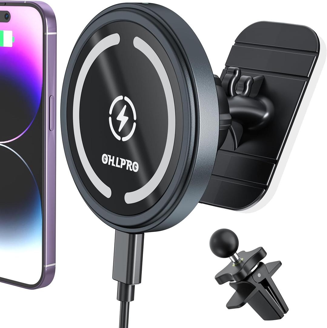 OHLPRO for MagSafe Car Mount Charger iPhone Wireless Car Charger, Stick on Dashboard Magnetic Phone Holder Mount for iPhone 17 Pro Max 16 15 14 Series, 15W Fast Charging, Aluminum Shell (Dark Gray)