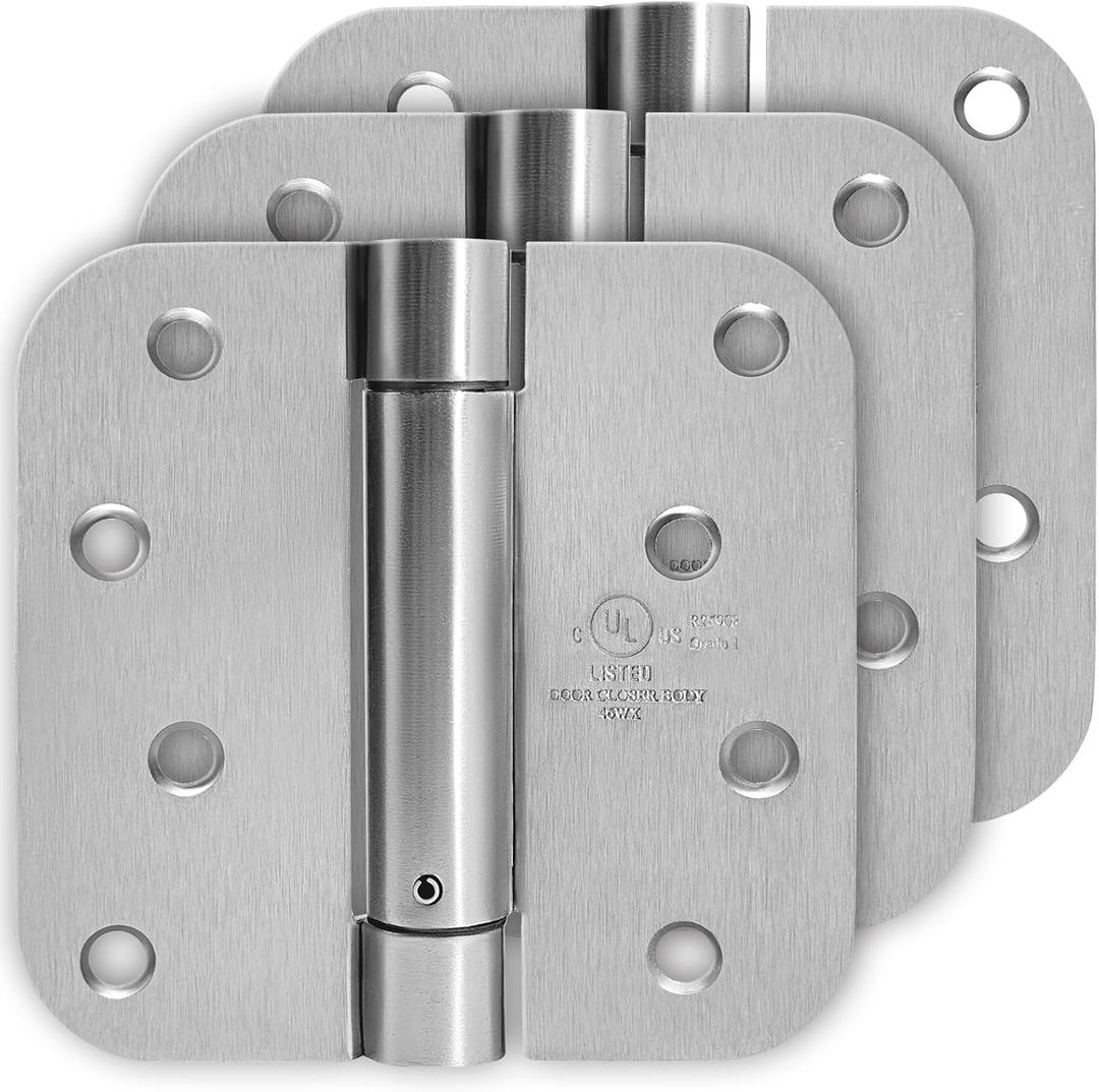 4 Inch Self Closing Satin Nickel Door Hinge 5/8" Radius Corner 3pack, Adjustable Tension for Garage, Front Door, Back Door, Left and Right Hand Door, UL Listed