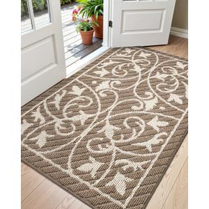 DEXI Front Door Mat Entryway, Inside Welcome Entrance Doormat Low Profile Thin, Non Slip Washable Entry Mats for House Floor Dirt Trapper, 32x48, Brown