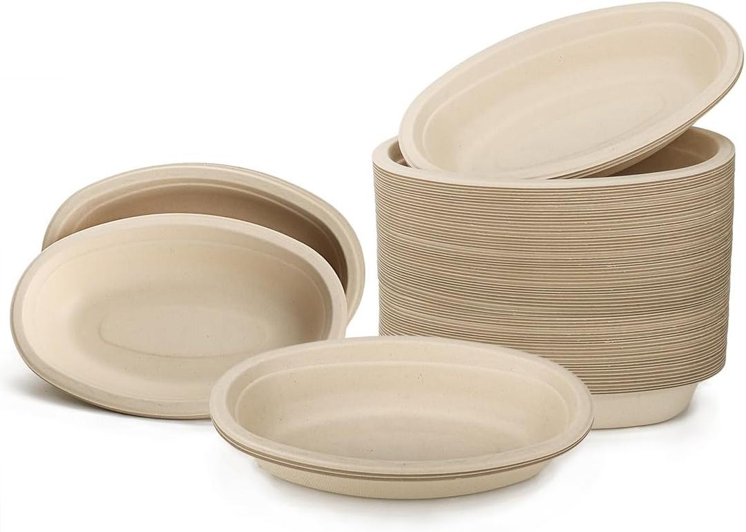 Aksipo 28 OZ 50 Count Paper Bowls, Oval Paper Bowls, Soup Bowl, Meal Prep Containers, Microwave Safe, Compostable, Large Disposable Bowls for Nacho, Burrito, Salad, Baked Potato, Chips and Cheese, 1 Compartment