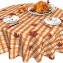 Fall Tablecloth Round 60 Inch Orange Plaid with Maple Leaves Table Cloth for Thanksgiving Party Holiday Home Dining Table Decor