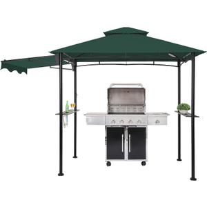 FAB BASED 5x8 Grill Gazebo with Extra Awning, All-Weather Steel Construction, Double Tiered & Resistant Canopy Roof, Metal Serving Shelves, 2 LED, Bottle Opener for Patio, Backyard, BBQ (Green)