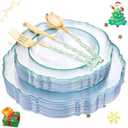 Liacere 150PCS Clear and Green Plastic Plates - Disposable Plates with Glitter Bamboo Handle Cutlery - 60 Baroque Elegant Plates,30Forks,30Spoons,30Knives for Christmas