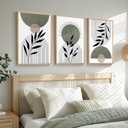 Framed Boho Sage Green Wall Art for Living Room, 3 Piece Large Abstract Botanical Canvas Artwork Decor, Beige White Sun Moon Geometric Leaf Painting Prints for Bedroom Dining Room Office 16x24 Inch, 24" H X 16" W X 3pcs