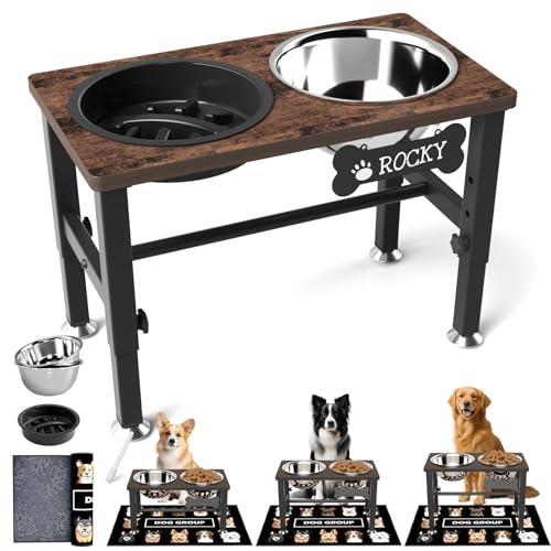 SHAINFUN Elevated Dog Bowls with Slow Feeder & Mat for Medium and Large Dogs, 12" Tall Adjustable Wooden & Metal Raised Dog Bowl Stand, 2 Stainless Steel 58oz Bowls for Food & Water