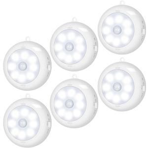 BLS Motion Sensor Light Indoor, Wireless LED Night Light, Under Cabinet Lighting, Battery Powered Puck Lights for Closet, Kitchen, Stairs, Wall, AA Battery Operated, Stick on, Dimmable, White, 6 Pack