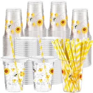 Funnymoom 50 Sets Bee Theme Party Supplies Honeybee Plastic Cups with Lids and Straws 16 oz Clear Honeybee Disposable Drinking Cups Bulk for Bee Theme Party Favors Birthday Baby Shower Supplies