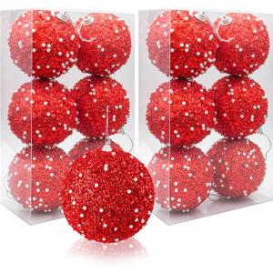 12 PCS Chinese New Year Decorations for Christmas Tree, 3.15" Red Glitter Christmas Ball Bulk Xmas Valentine's Day Sequin Foam Hanging Ornament Decorative Hanging