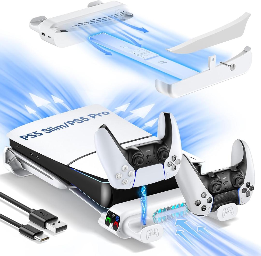 PS5 Slim/Pro Horizontal Cooling Stand for Disc & Digital, Dual Controller Charger with 3-Level Cooling Fan, PS5 Stand for Pro & Slim Console (NOT Fit 2020 Regular Version) (White)
