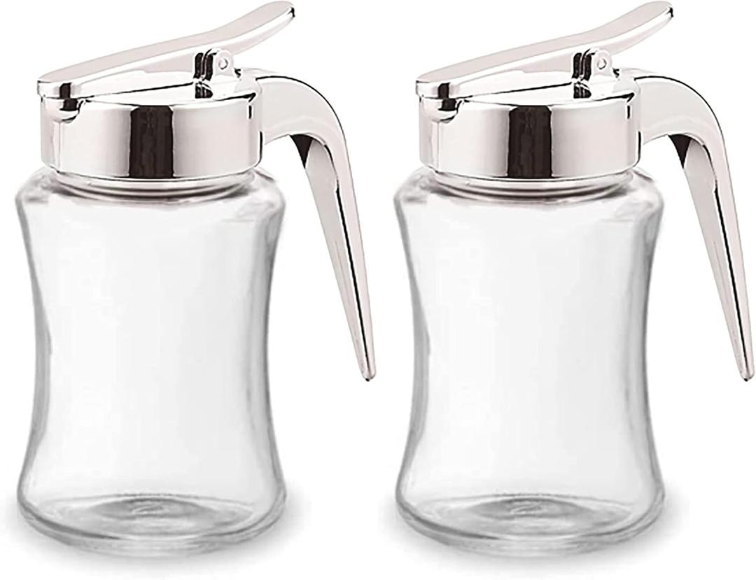 J&M DESIGN 2-Pack Glass Syrup Dispenser Bottle for Maple Syrup, Honey Pot or Sugar Jar W/Handle Shaker For Pancakes, Coffee, Cereal Bowl, Tea Pour Spout Lid Easy Spoon Measure 7.5oz Container Holder