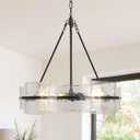 Black Farmhouse Chandeliers for Dining Room: 22" Drum Glass Kitchen Chandelier Over Table - Modern Luxury Crystal Hanging Light Fixtures - Vintage Large Pendant Lights for Living Room Hallway Bedroom