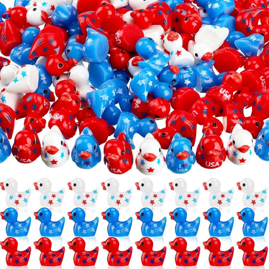 Wesiti 100 Pcs Patriotic Mini Ducks Independence Day Duck Figurines 4th of July Decor Memorial Day Mini Resin Ducks for Fourth of July Party Supplies