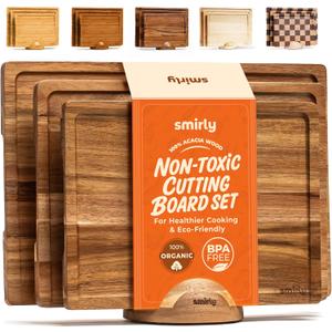 SMIRLY Wood Cutting Boards For Kitchen Meal Prep & Serving, Bamboo Cutting Board Set, Charcuterie Chopping Boards and Wooden Cutting Boards for Kitchen, 3 Pack With Holder