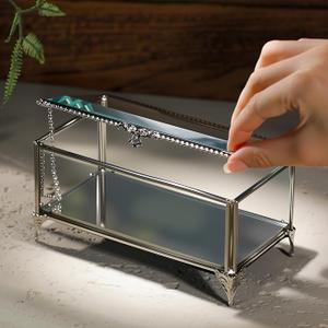 Retro Silver Rectangular Glass Jewelry Box with Hinged Lid, Jewelry Ring, Bracelet, Souvenir Metal Display Box, Transparent Storage Box.(6.5x3.5x3.3inches), Silver 