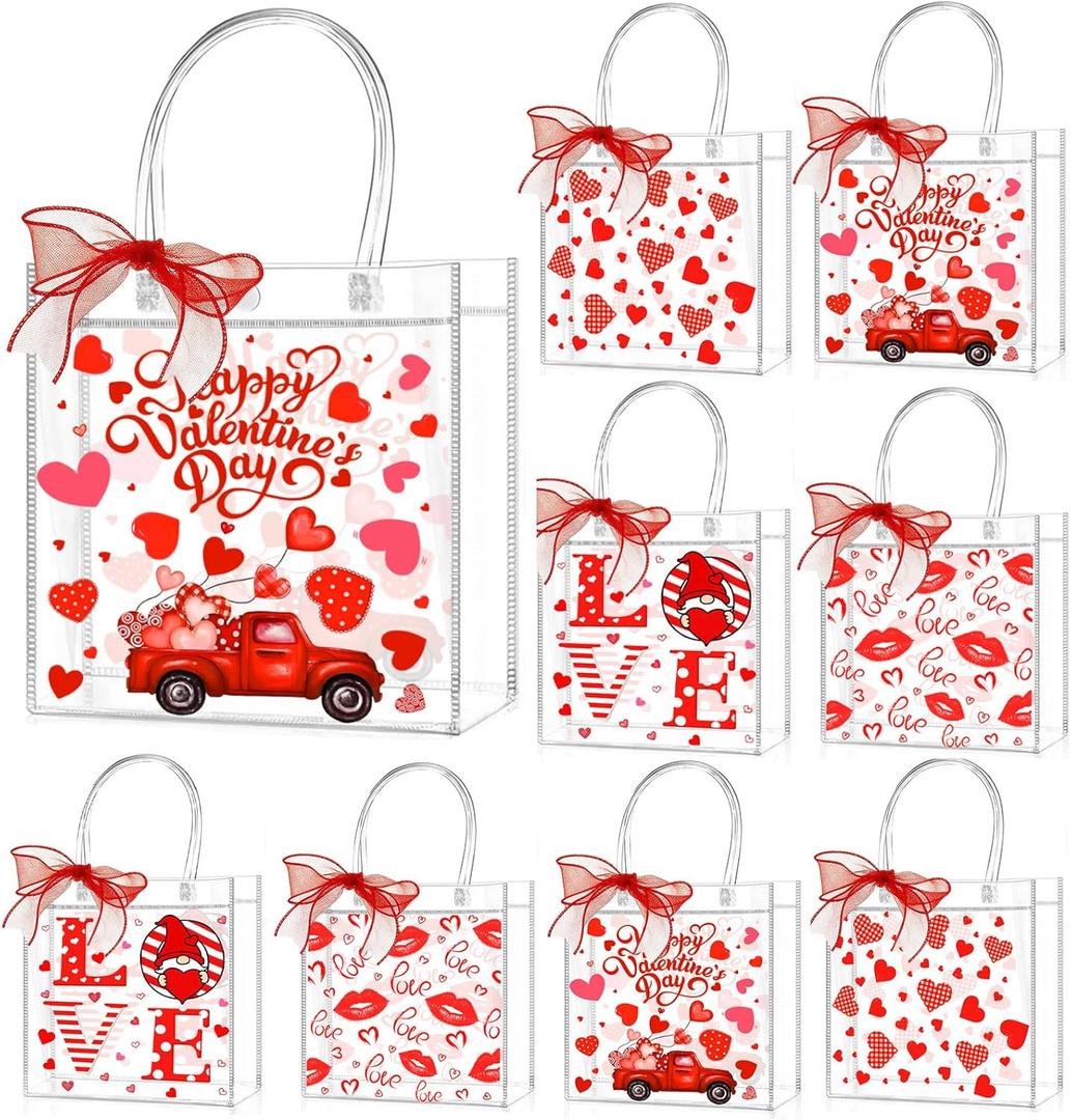 Zenoble 24 Pcs Valentines Gift Bags 4 Styles of Double-Sided PVC Clear Bags Valentine's Day Goodie Gift Bag with Red Ribbon for Anniversaries Weddings Valentine's Day Party Favor