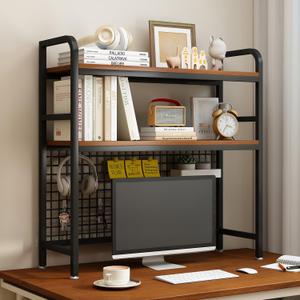 IOTXY 2-Tier Desktop Hutch Bookshelf - Metal Desk Shelf Bookcase with Grid Panel, Countertop Storage Organizer Rack for Dorm or Office, Black, 37.4" W