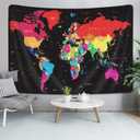 World Map Tapestry, Black Map of World Vintage Topography Educational Tapestries Posters for College Kids Student Dorm Wall Art, Colorful Geographical Travel Map for Bedroom Living Room, 60X50in (60L" x 50W")
