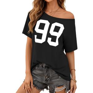 LilyCoco Womens Off The Shoulder Graphic Tees Casual Short Sleeve Asymmetrical Top Black X-Large