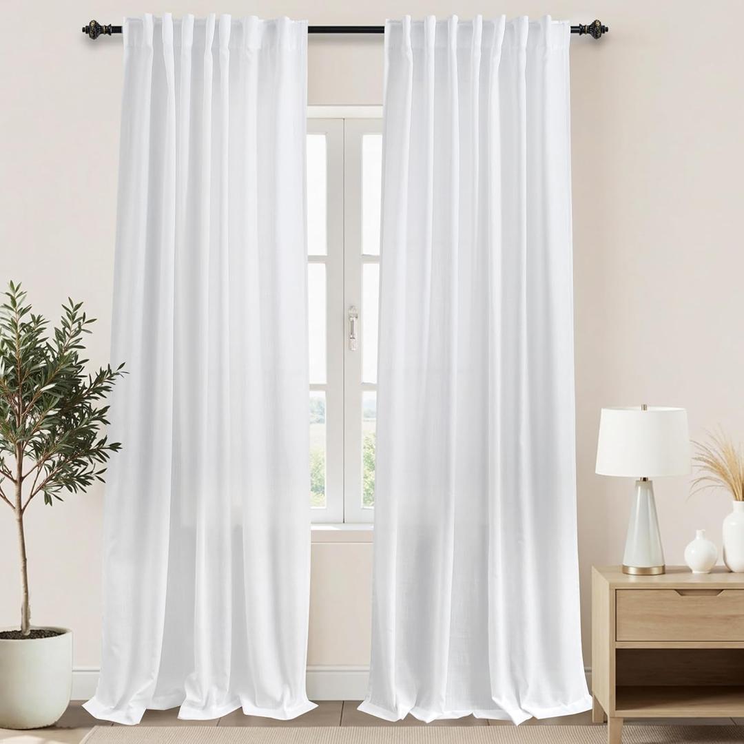 White Back Tab Rod Pocket Linen Sheer Curtains for Living Room 52x102 Inches Long