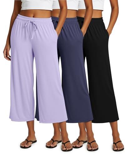 Real Essentials 3 Pack: Women's Ultra-Soft Wide Leg Loose Capri Open Bottom Pants - Yoga Lounge Pockets Size XXL