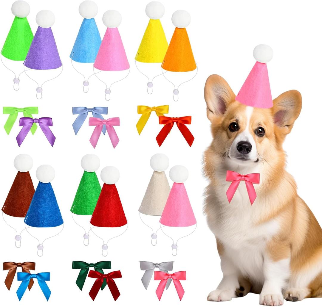 2 x 12pcs Mini Party Hat & Bow Tie Set, Assorted Color Matching Hats with Bow Ties for Dog Cat Rabbit Stuffed Animals, Birthday Costume Decorations for Puppies Kittens