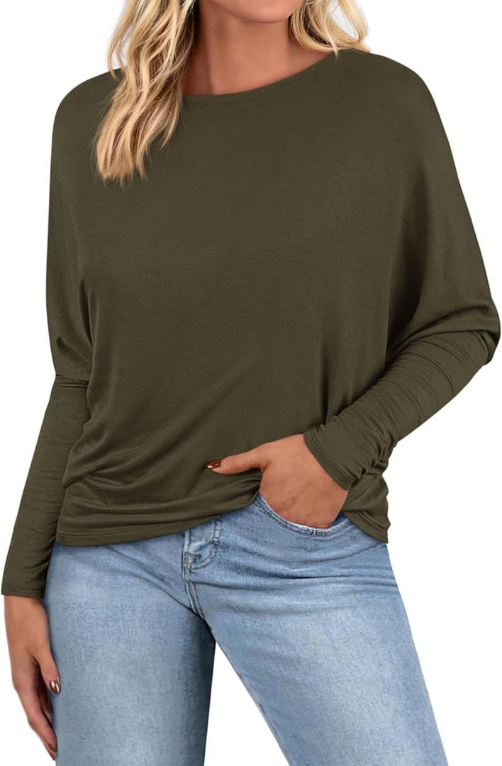 Zenlonr Long Sleeve Tops for Women Fall Fashion Outfits 2025 Crewneck Knit Basic Tee Shirts Business Casual Tops (L)