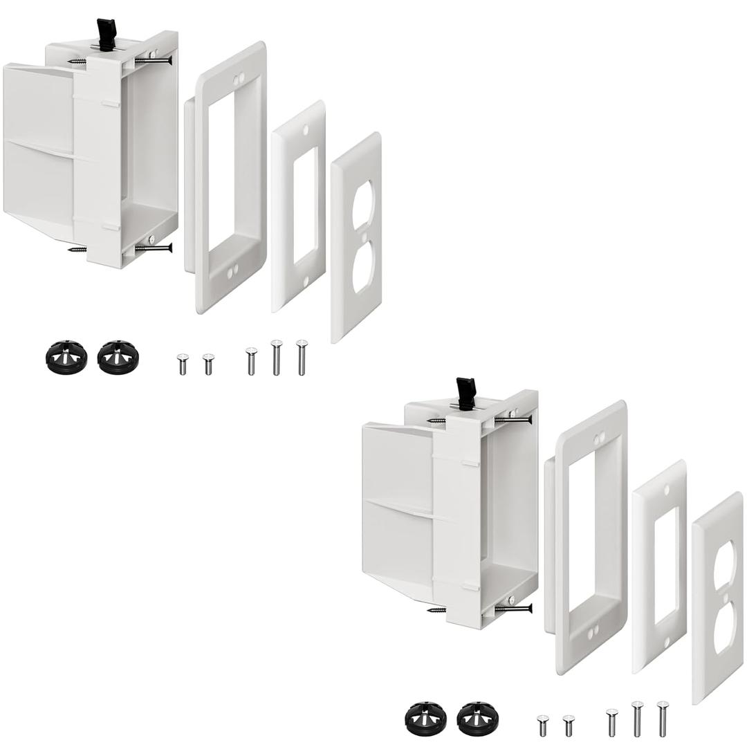 DVFR1W-1 Recessed Outlet Box, 2Pcs Recessed Electrical Box for Wall Mount TV, Outlet Mounting Box for New Construction&Retrofit Projects, Wall Outlet Box with Duplex & Decorator Style Covers,1-Gang