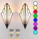 Modern Style Wall Light Set of Two,Battery Operated Wall sconces with Remote Control,Wireless Art Deco Lighting Fixture for Living Room,6 RGB Colors dimmable(with Bulbs+Remote Control+Charging Cable)